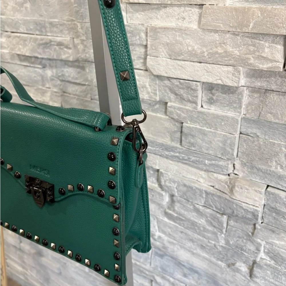 MERSI Teal Pebbled Leather Studded Crossbody Bag - Picture 5 of 10